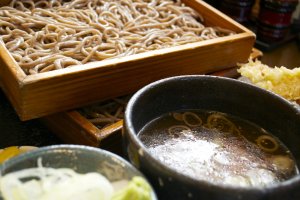 Close up to the soba and the chicken soup