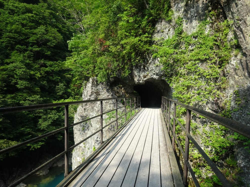 A bridge leads into a short tunnel on the trail through Dakigaeri Gorge