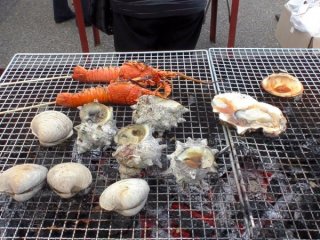IseEbi (Japanese lobsters), Clams and Turban shells grilled up BBQ-style
