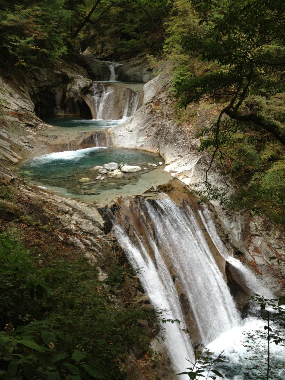 Roughly 90 minutes from the trailhead (closer to two hours from the parking lot) you'll come to Nanatsugama-Godan-no-Taki, a beautiful five-tiered waterfall.