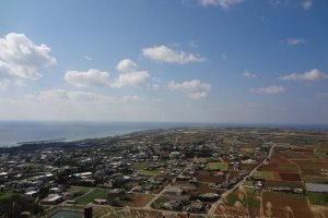 Scenic view from the top of Mount Gusuku where you can see mainland Okinawa in the horizon