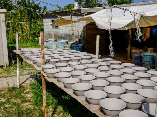 Throughout the village there are pottery bowls drying in the sun
