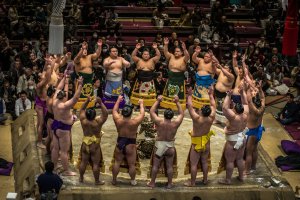 Wrestlers at the opening ceremony at the Kokugikan, Tokyo