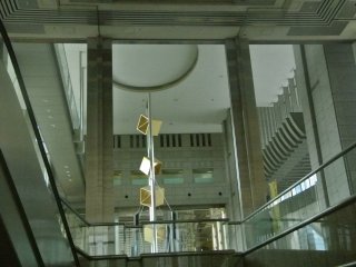 Metallic art in a soaring lobby