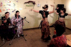 Magatama Cafe and Bar is a friendly community arts space near Tamatsukuri Station. Drop in for folk dancing performances