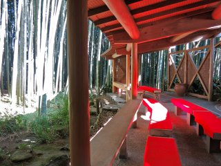 Inside the teahouse overlooking the bamboo garden