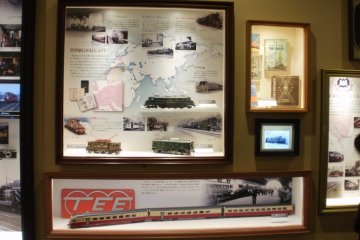 Model of Trans Europe Express with travel memorabilia.