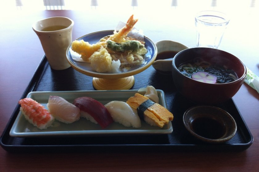 Sushi, udon, and tempura