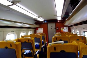 The interior of the Super Komachi, the fastest train between Akita and Tokyo