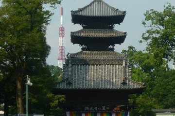 Koshoji Temple's main gate and pagoda, mismatched with a TV broadcast tower.