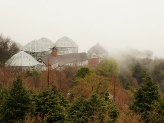The glasshouse on a misty morning on the hills of Kobe. Hiking trails to the glasshouse start from the ropeway station.