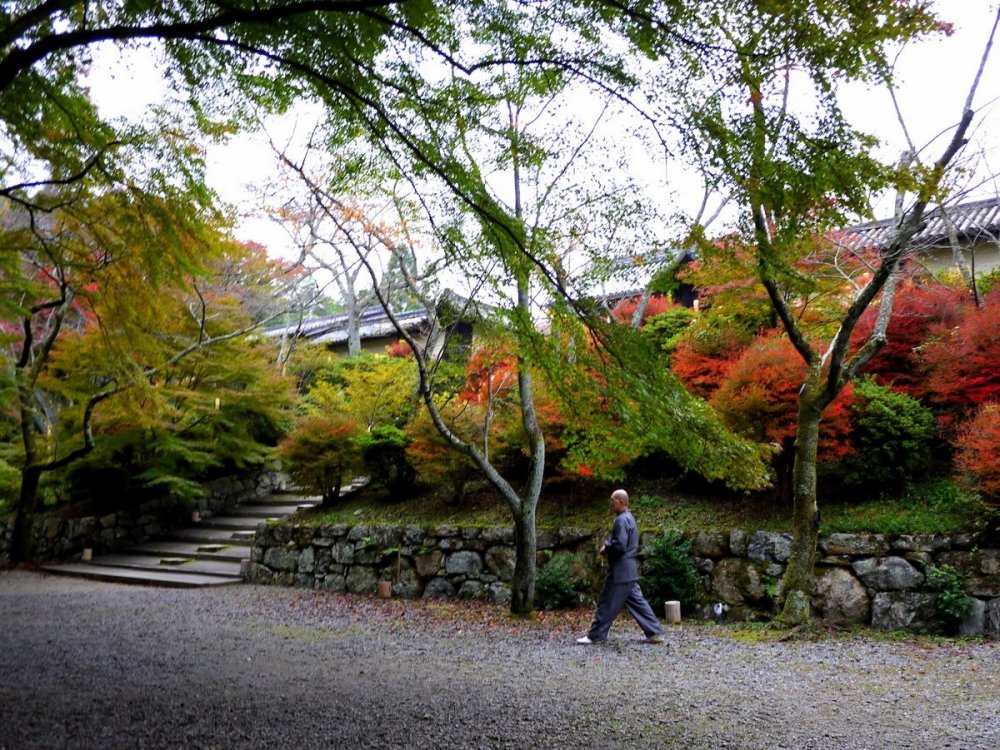A monk walks along a gravel path in front of the temple