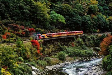 <p>The &#39;Romantic Train&#39; traveling through Hozugawa Gorge</p>
