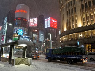 The Ricoh Photo Gallery building and the Ginza Clock Tower Building. I did stop by at the second floor cafe of the Ricoh&nbsp;building to watch the snowfall and enjoy a nice hot cup of coffee.