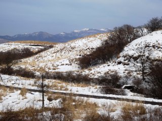 Snow covers the Aso highlands