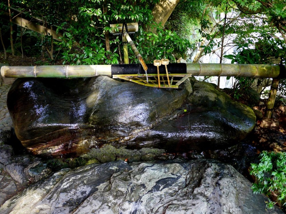 Вода стекает из бамбуковой трубки в каменный бассейн 