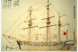 ภาพวาดเรือ โชเฮอิมารู เรือเดินสมุทรลำแรกที่สร้างแบบตะวันตก ท่านนาริอะกิระ ระดมช่างฝีมือมาสร้างขึ้นจากข้อมูลในหนังสือ และมีโมเดลเรือเดินสมุทรที่ตั้งโชว์อยู่ภายในบ้านของท่านเป็นต้นแบบ