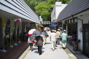 <p>A group of visitors walking towards the ticket booth for the caves.</p>