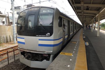 <p>Tobu Line/Yokosuka Line ถ้าเห็นลายแบบนี้มั่นใจได้เลยว่าขบวนนี้ไปถึงคามาคุระ</p>