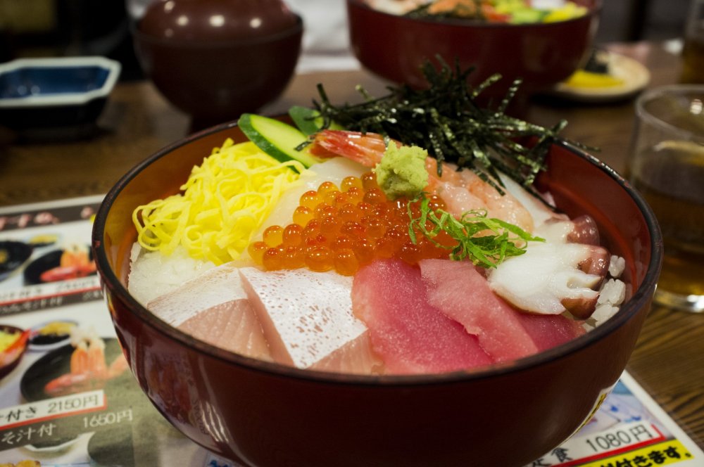The kaisendon, a variety of fresh sashimi on rice. Heavenly!