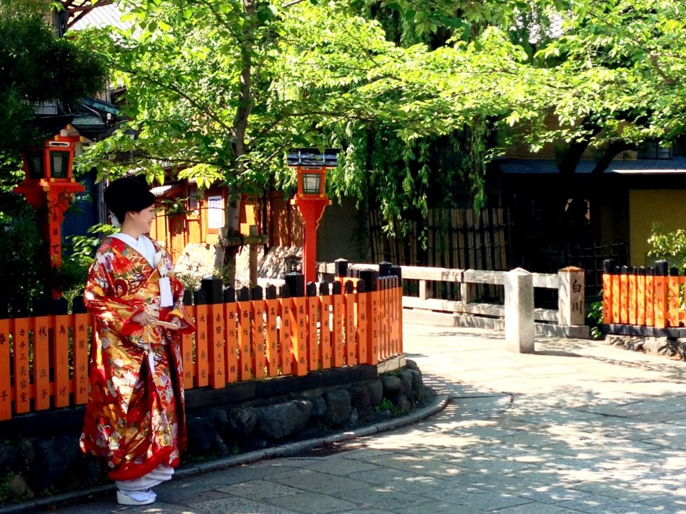 Kimono lộng lẫy nổi bật với cánh cổng cam và hàng cây xanh