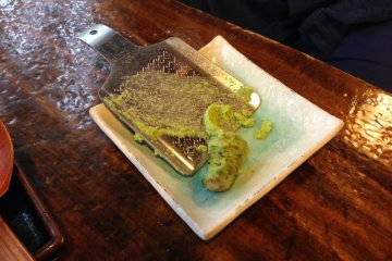 <p>A stem of wasabi and a grater for you to prepare your own.</p>