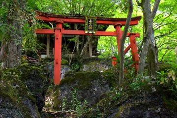 A red torii standing at the edge of a rocky cliff