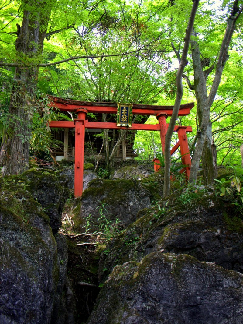 A red torii standing at the edge of a rocky cliff
