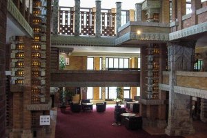 Frank Lloyd Wright&#39;s Tokyo Imperial Hotel. View from inside the lobby