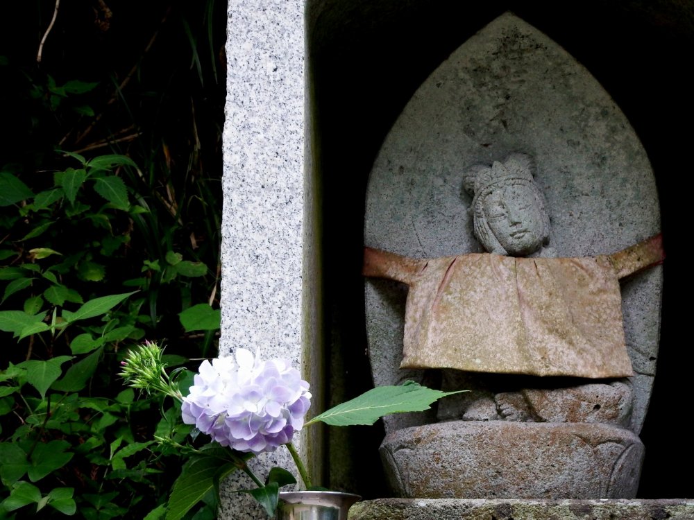 Small Jizo statue and hydrangea I found on the way to Daian-zenji Temple