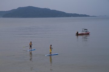 <p>The Mediumtempo boat and some stand up paddleboarders</p>