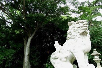 <p>Stone statue of guardian lion with deep-green trees in the backdrop</p>
