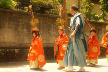 <p>Chigo children (稚児), those who perform services in the temples, wear elaborate hats that represent the zodiacs</p>