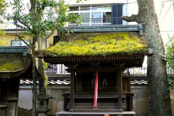 <p>The roof of this small shrine has a heavy coat of moss</p>