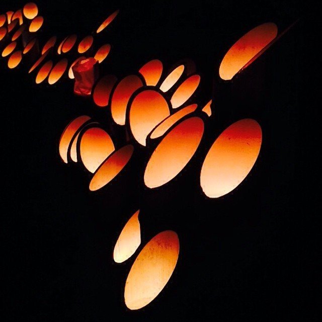 A closeup of the tops of bamboo lanterns.