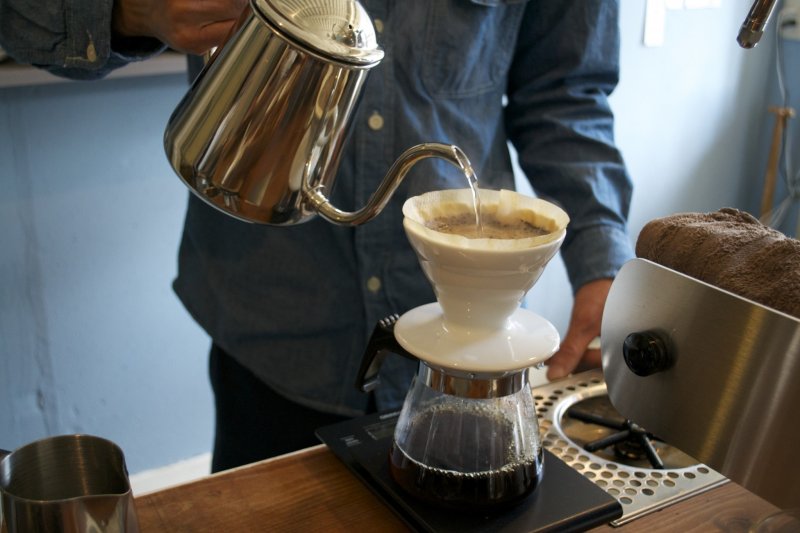 <p>The barista prepares the filtered coffee</p>