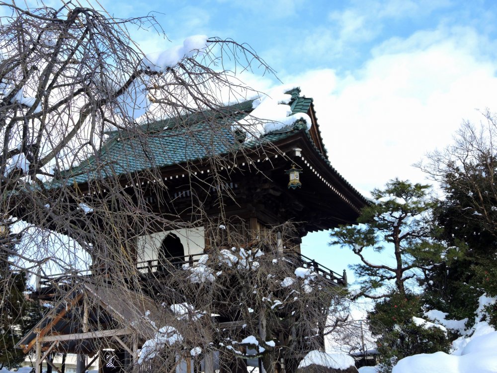 雪化粧した日本庭園越しに聖玄寺山門を見上げる &nbsp;