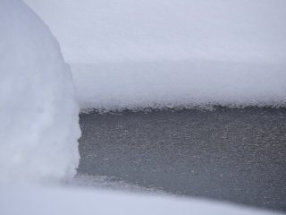 雪の中、庭園の池も凍っている