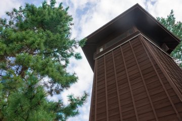 <p>An observation deck located close to the bronze statue of Matsuo Basho. This watchtower provides a commanding view of the lined pine trees</p>