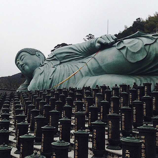 Bien que cette statue soit pratiquement neuve (r&eacute;alis&eacute;e en 1995) si l&#39;on compare aux statues de Nara ou Kamakura, cela ne change rien &agrave; sa taille impressionnante. Ce Nehanzo de bronze (ou Bouddha inclin&eacute;) mesure environ 41 m&egrave;tres de long, 11 m&egrave;tres de haut, et p&egrave;se environ 300 tonnes