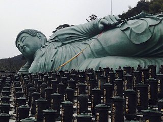 Bien que cette statue soit pratiquement neuve (r&eacute;alis&eacute;e en 1995) si l&#39;on compare aux statues de Nara ou Kamakura, cela ne change rien &agrave; sa taille impressionnante. Ce Nehanzo de bronze (ou Bouddha inclin&eacute;) mesure environ 41 m&egrave;tres de long, 11 m&egrave;tres de haut, et p&egrave;se environ 300 tonnes