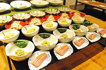 <p>An assortment of appetizers laid out, favorites of Mifune himself</p>