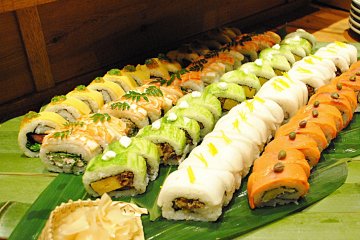 <p>Brightly colored sushi rolls</p>