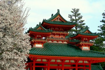 <p>View of Heian Shrine with cherry tree in the foreground</p>