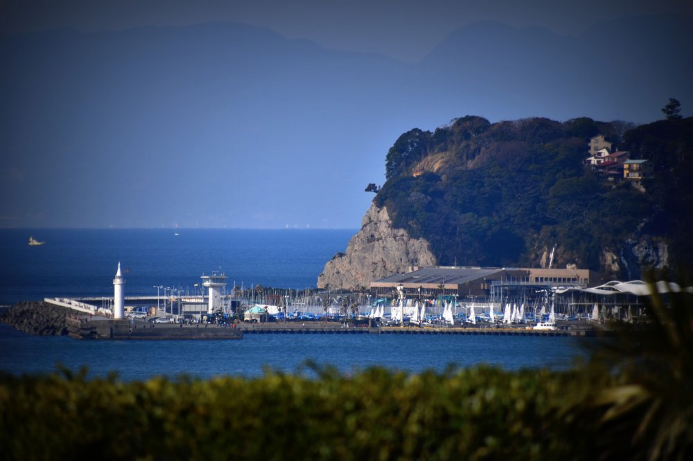 Views from my room at Kamakura Prince Hotel. Many yachts are moored in the harbor at Enoshima Island.