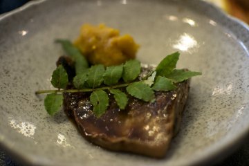 <p>A lightly broiled-snapper is garnished with herb and pumpkin mash. I had no idea pumpkin went so well with fish... and I don&#39;t usually like pumpkin.</p>