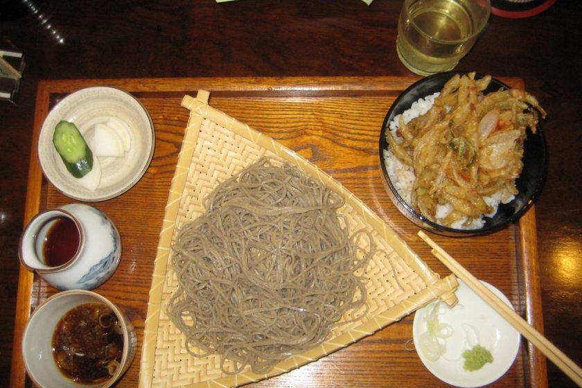 cold soba with a side of onion tempura