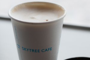 Skytree caf&eacute; cappucino overlooking Tokyo