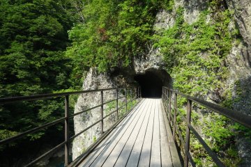<p>A bridge leads into a short tunnel on the trail through Dakigaeri Gorge</p>