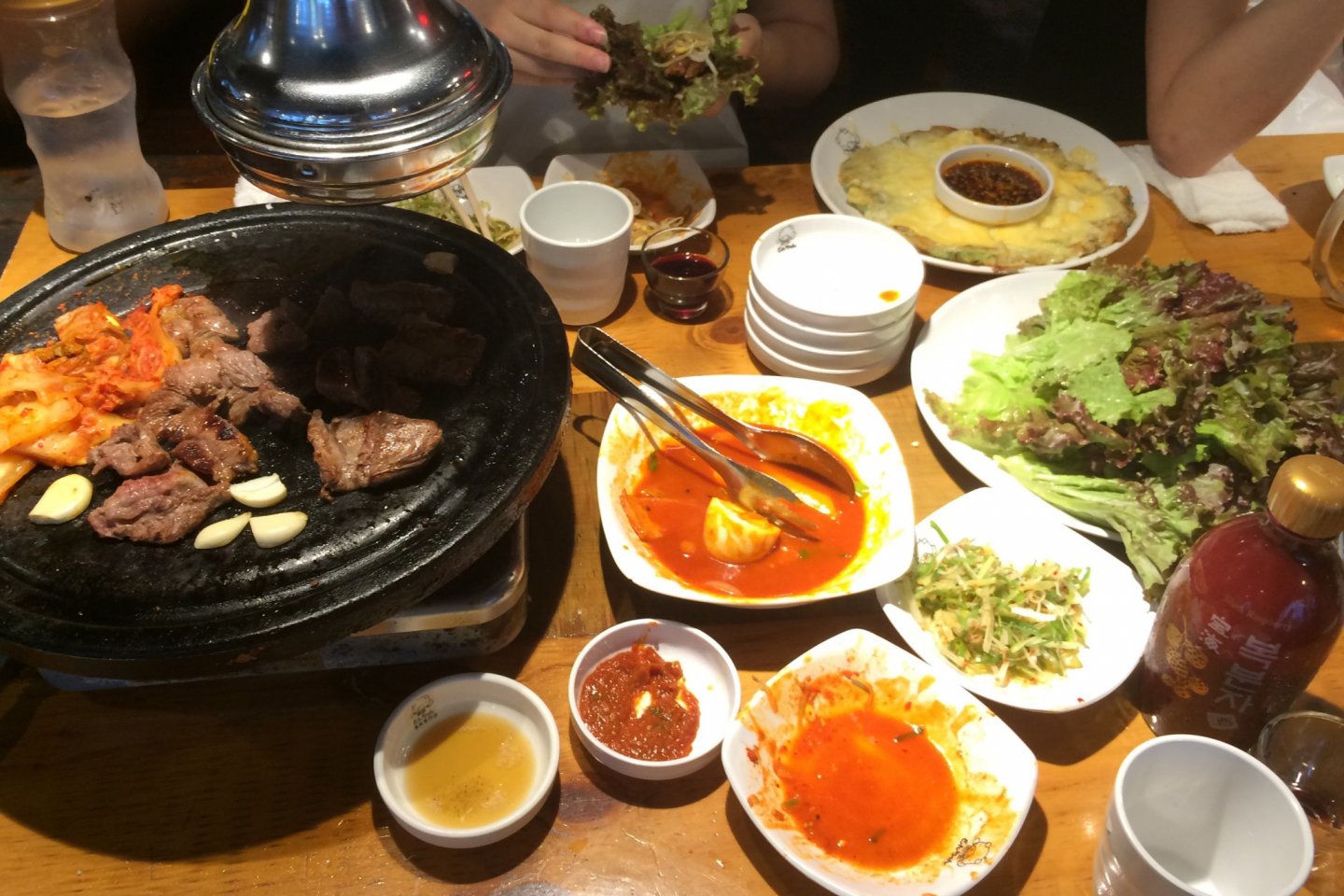 Korean barbecue and a korean-style cheese and shrimp pancake are the highlights of this meal in Shin-Okubo.